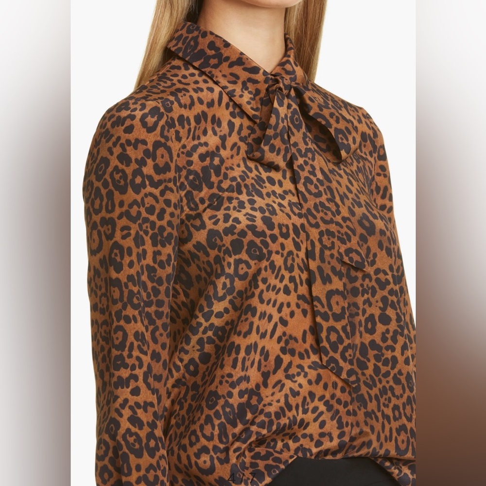 Lafayette 148 Diana Leopard Tie Neck Silk Blouse